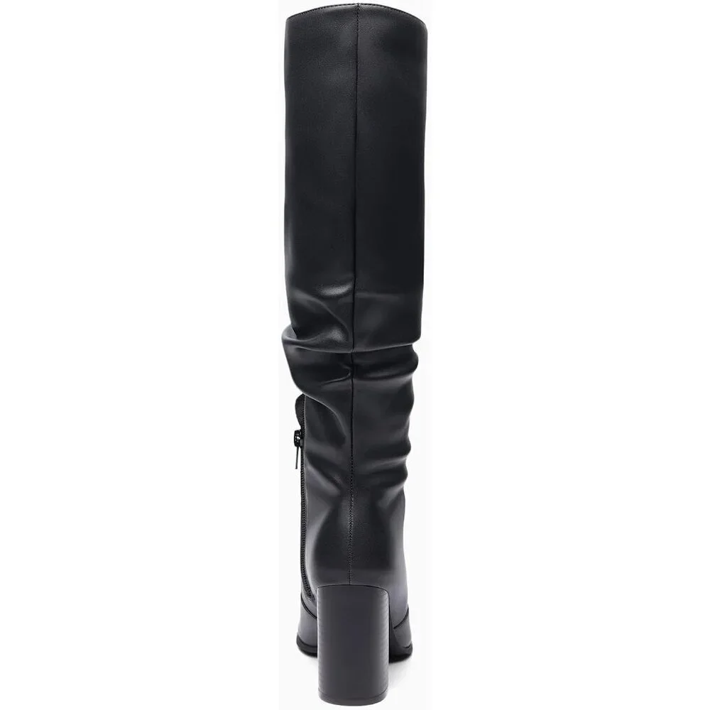 Women's Black-pu Chunky High Heel Square Zipper Wide Calf Knee High Boots